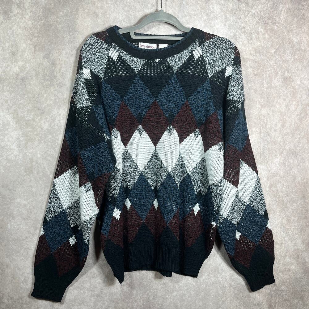 Vintage Windridge Sweater Men Large Blue Knit Argyle Grandpa Cabincore Old Money